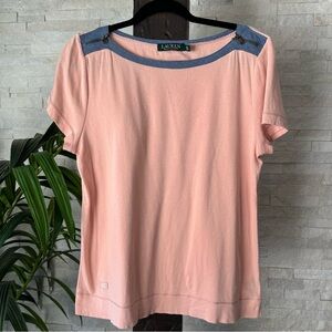 Ralph Lauren Coral Pink Cotton Denim Zip Shoulder Boatneck Top Size XL